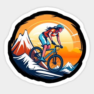 woman riding a bicycle going down a hill Sticker